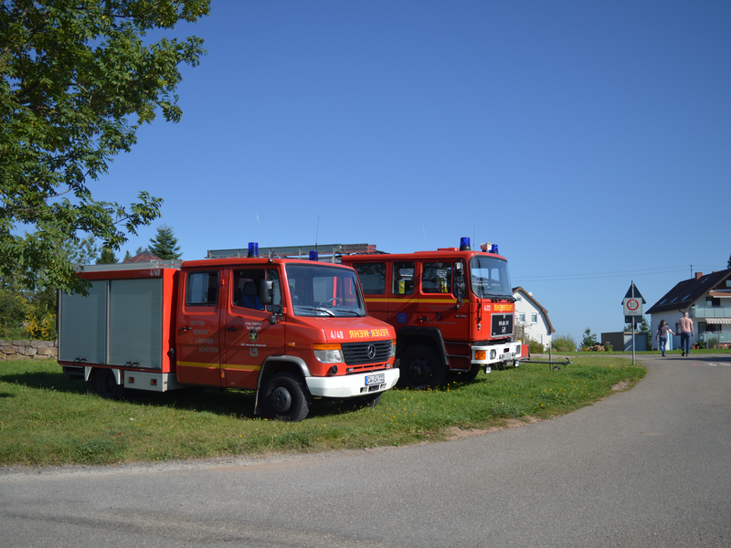 Zwei Feuerwehrautos auf einer Wiese