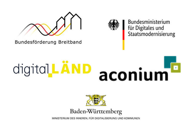 Logos der Förderer (aconium, Digital Länd, Bundesförderung Breitband, Bundesministerium für Digitales und Staatsmodernisierung, Baden-Württemberg Ministerium des Inneren, für Digitalisierung und Kommunen)