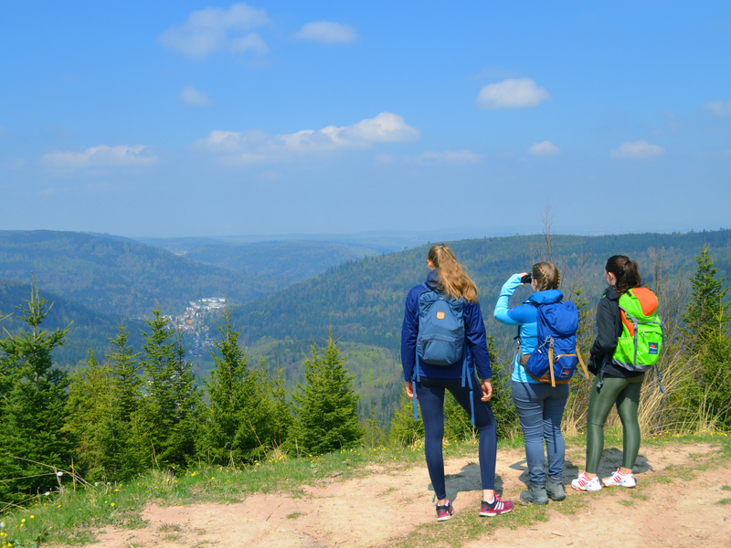 Drei Wanderer am Schweizer Kopf mit einer weiten Aussicht aufs Tal bei einem blauem Himmel