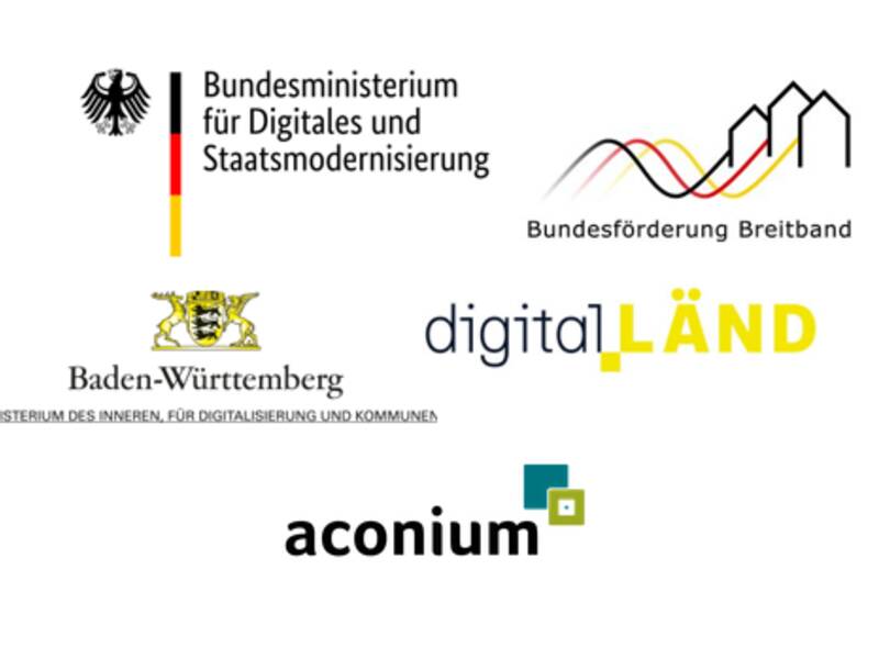 Das Bild zeigt die Logos und Schriftzüge von verschiedenen Institutionen und Programmen, darunter das Bundesministerium für Digitales und die Staatsmodernisierung, die Bundesförderung Breitband, Baden-Württemberg, digitalLÄND und aconium.