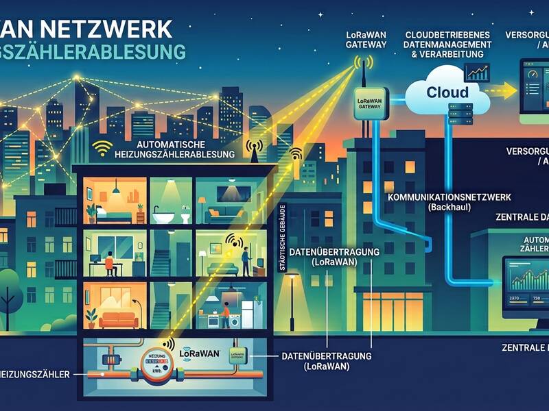 Eine grafische Darstellung eines LoRaWAN-Netzwerks zur Heizungszählerablesung zeigt den Datenfluss von Heizungszählern in Wohngebäuden über Gateways und Cloud-Management bis hin zur zentralen Datenerfassung und Abrechnung.
