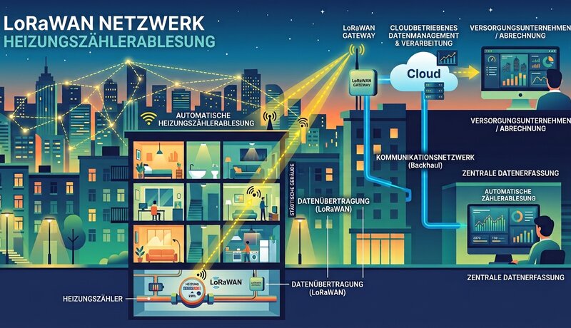 Eine grafische Darstellung eines LoRaWAN-Netzwerks zur Heizungszählerablesung zeigt den Datenfluss von Heizungszählern in Wohngebäuden über Gateways und Cloud-Management bis hin zur zentralen Datenerfassung und Abrechnung. | © KI/Gemini