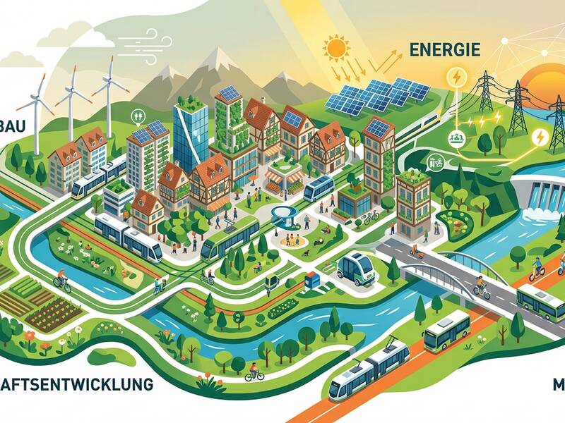 Die Illustration zeigt eine nachhaltige Stadt mit erneuerbaren Energiequellen, öffentlichem Verkehr, Fahrrädern und grünen Flächen, umgeben von Feldern und Flüssen.
