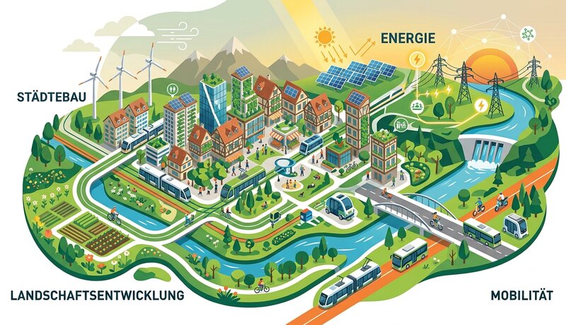 Die Illustration zeigt eine nachhaltige Stadt mit erneuerbaren Energiequellen, öffentlichem Verkehr, Fahrrädern und grünen Flächen, umgeben von Feldern und Flüssen.