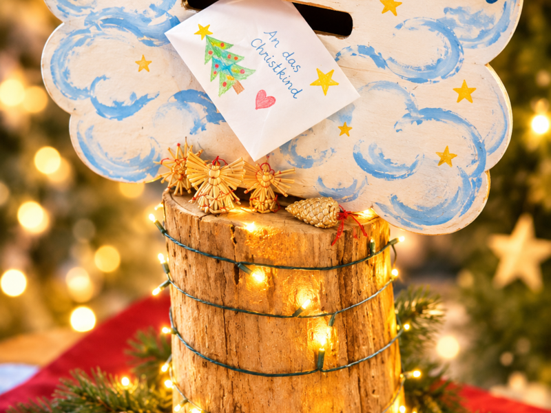 Ein dekorativer "Himmelsbriefkasten" in Form einer Wolke steht auf einem mit Lichtern umwickelten Holzstamm, umgeben von weihnachtlichen Ornamenten und Tannenzapfen; darin steckt ein Brief "An das Christkind".