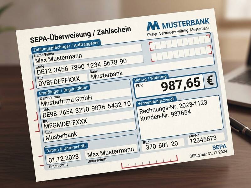 Das Bild zeigt ein Musterformular für eine SEPA-Überweisung/Zahlschein der Musterbank, mit erfundenen Angaben wie Namen, IBAN und Beträgen, vor einem Laptop auf einem Schreibtisch.