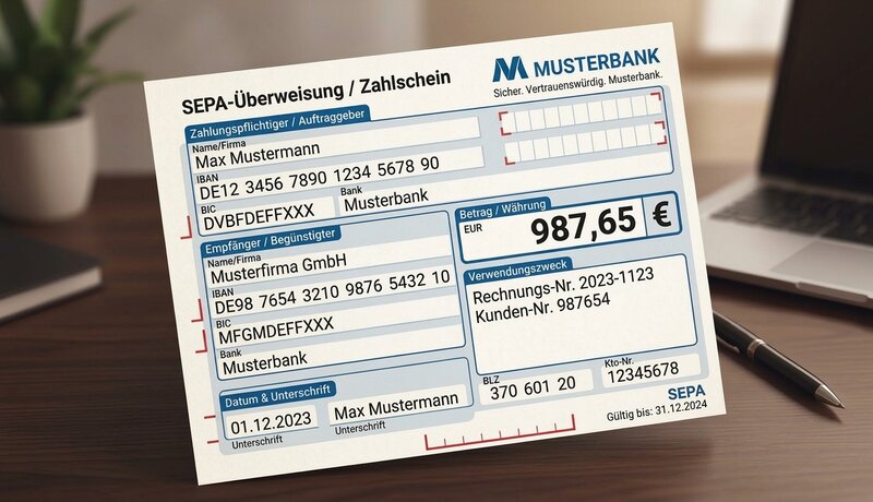 Das Bild zeigt ein Musterformular für eine SEPA-Überweisung/Zahlschein der Musterbank, mit erfundenen Angaben wie Namen, IBAN und Beträgen, vor einem Laptop auf einem Schreibtisch. | © Erstellt mit KI / Gemini