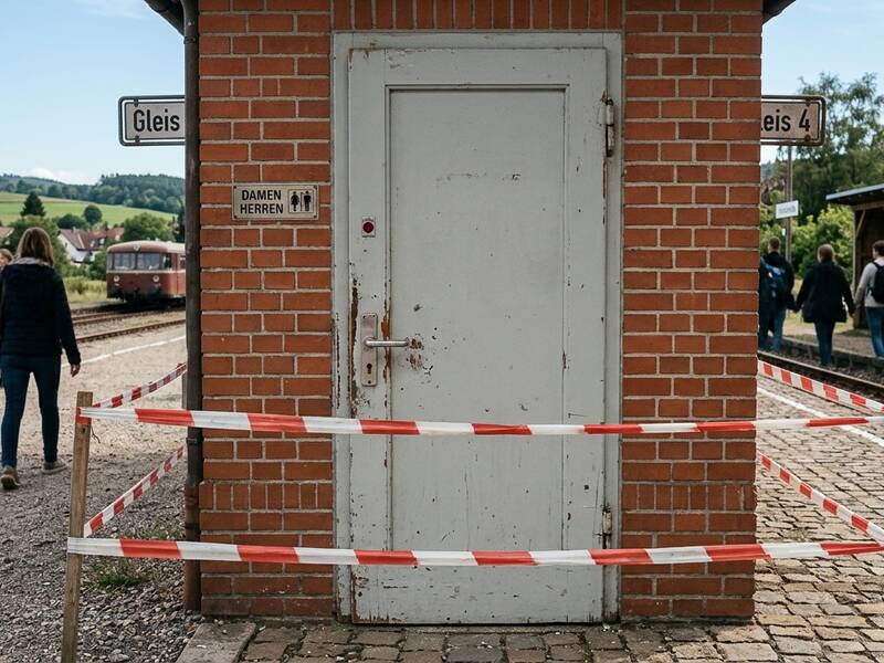 Auf einem kleinen Bahnhof sind zwei wartende Personen mit Koffern zu sehen, während ein Backstein-Gebäude mit einer abgesperrten Tür und den Aufschriften "Gleis 4" und "Damen Herren" im Vordergrund steht.