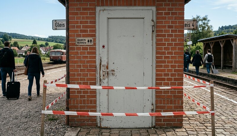 Auf einem kleinen Bahnhof sind zwei wartende Personen mit Koffern zu sehen, während ein Backstein-Gebäude mit einer abgesperrten Tür und den Aufschriften "Gleis 4" und "Damen Herren" im Vordergrund steht. | © KI/Gemini
