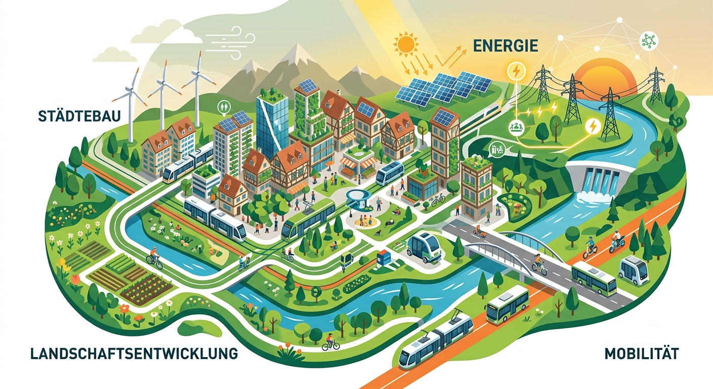 Die Illustration zeigt eine nachhaltige Stadt mit erneuerbaren Energiequellen, öffentlichem Verkehr, Fahrrädern und grünen Flächen, umgeben von Feldern und Flüssen.